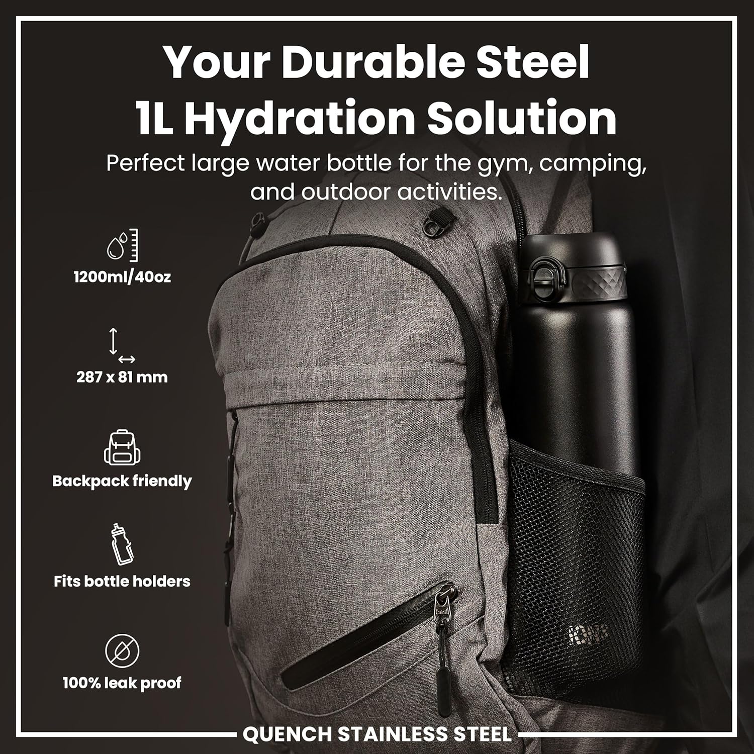 Quench 1 Litre Stainless Steel Water Bottle 1200 ml/40 oz Black - Image 4
