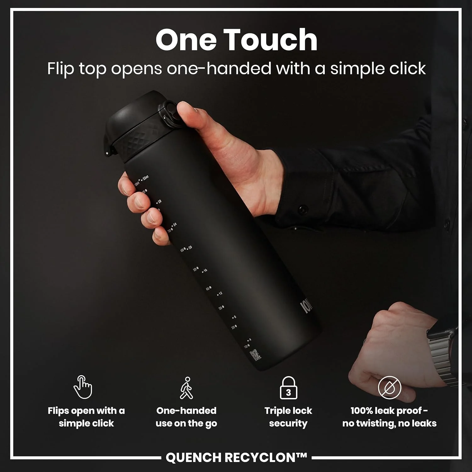 Ion8 Quench 1 Litre Water Bottle, Leak Proof, Flip Lid, Carry Handle, Rapid Liquid Flow, Dishwasher Safe, BPA Free, Soft Touch Contoured Grip, Ideal for Sports and Gym, Carbon Neutral, 32 oz, Black - Image 3