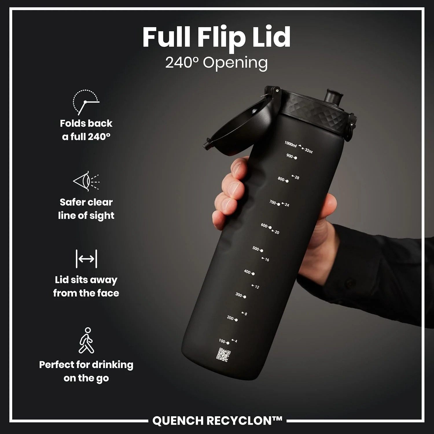 Ion8 Quench 1 Litre Water Bottle, Leak Proof, Flip Lid, Carry Handle, Rapid Liquid Flow, Dishwasher Safe, BPA Free, Soft Touch Contoured Grip, Ideal for Sports and Gym, Carbon Neutral, 32 oz, Black - Image 4