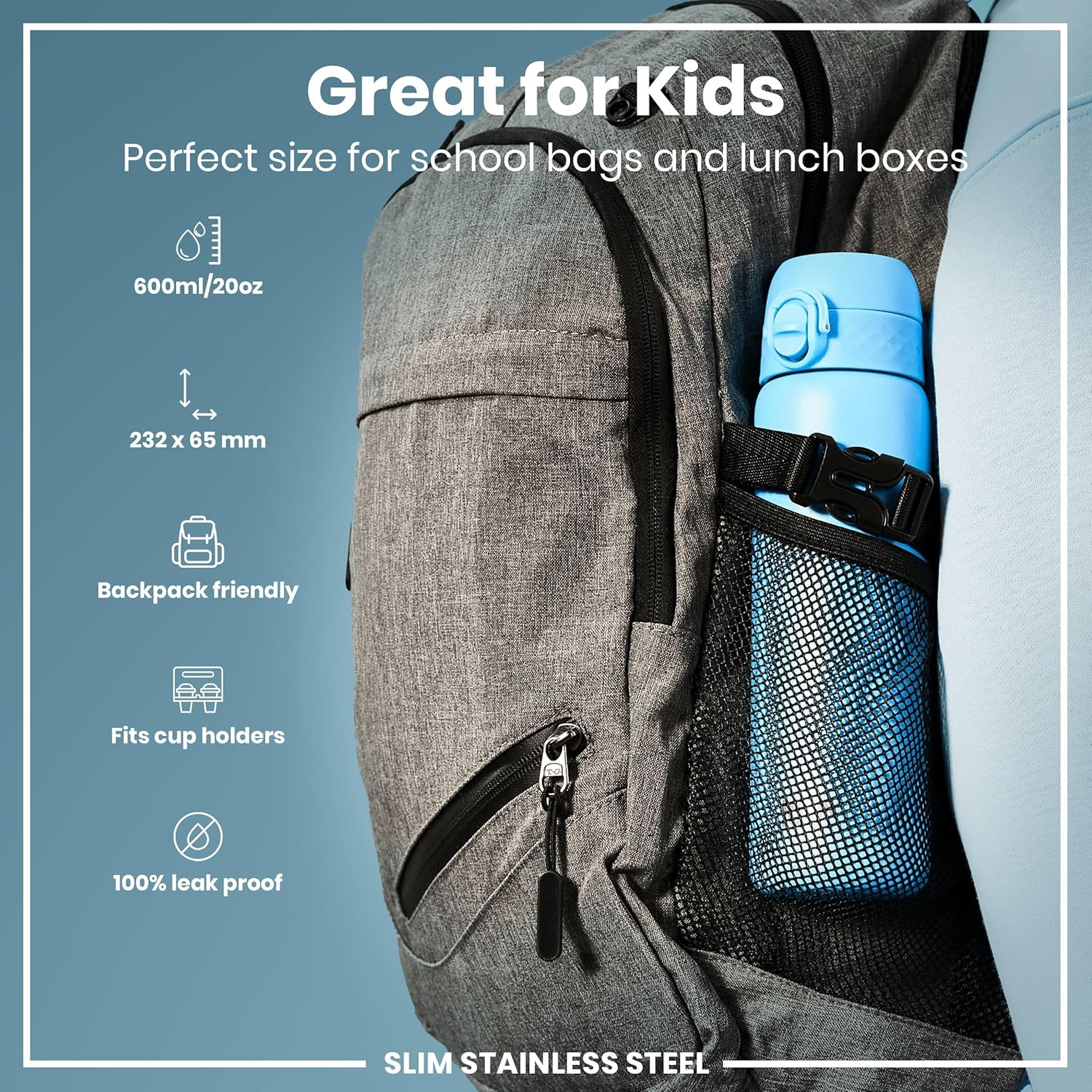 Leak Proof Slim Water Bottle, Lightweight Stainless Steel 20oz- Alaska Blue - Image 3