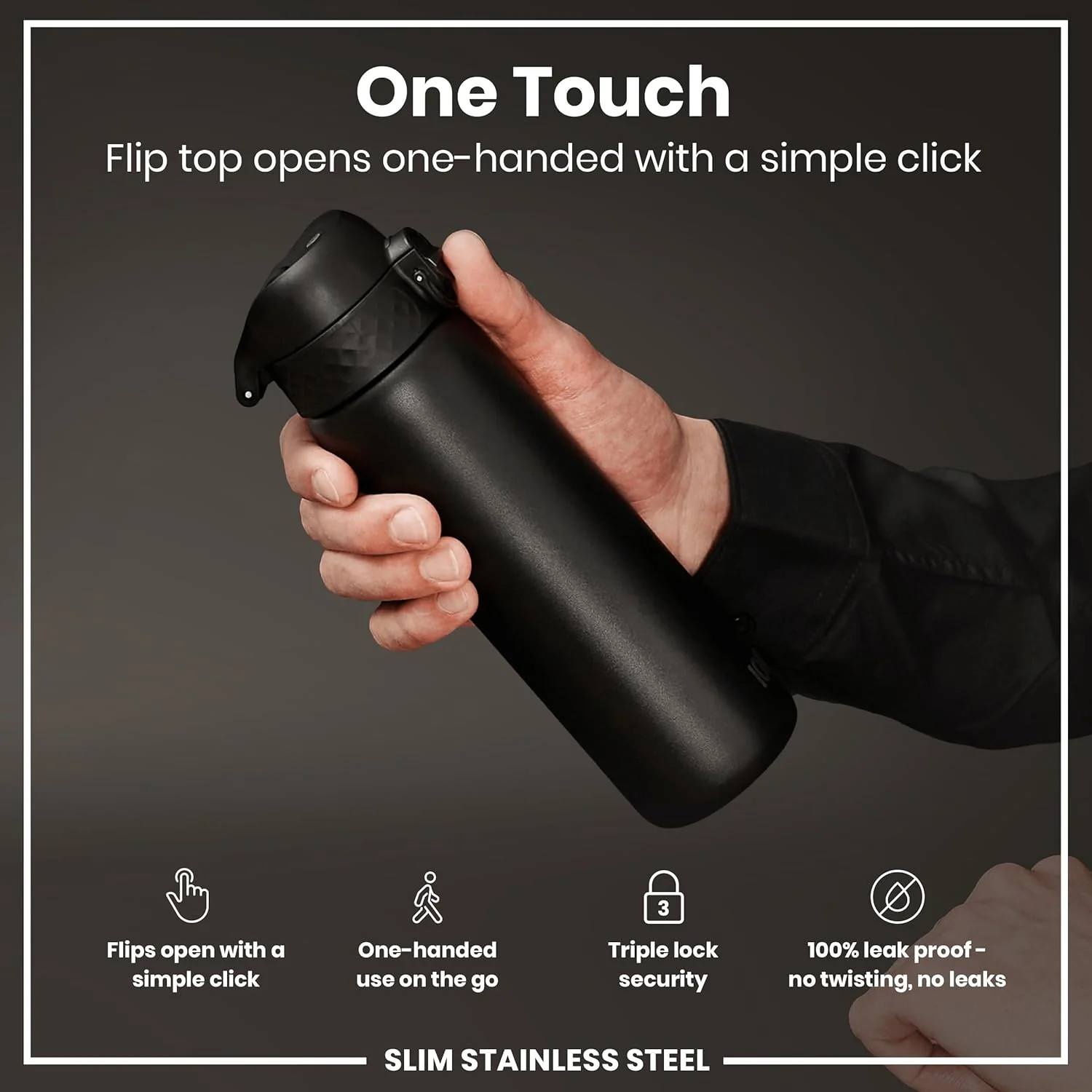 Slim Lightweight Steel Water Bottle 600 ml/20 oz Black - Image 5