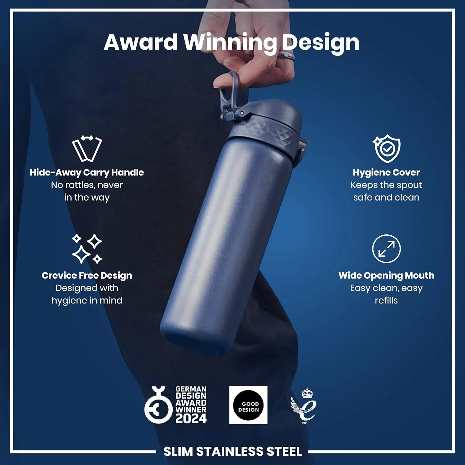 Slim Lightweight Steel Water Bottle 600 ml/20 oz Navy Blue - Image 8